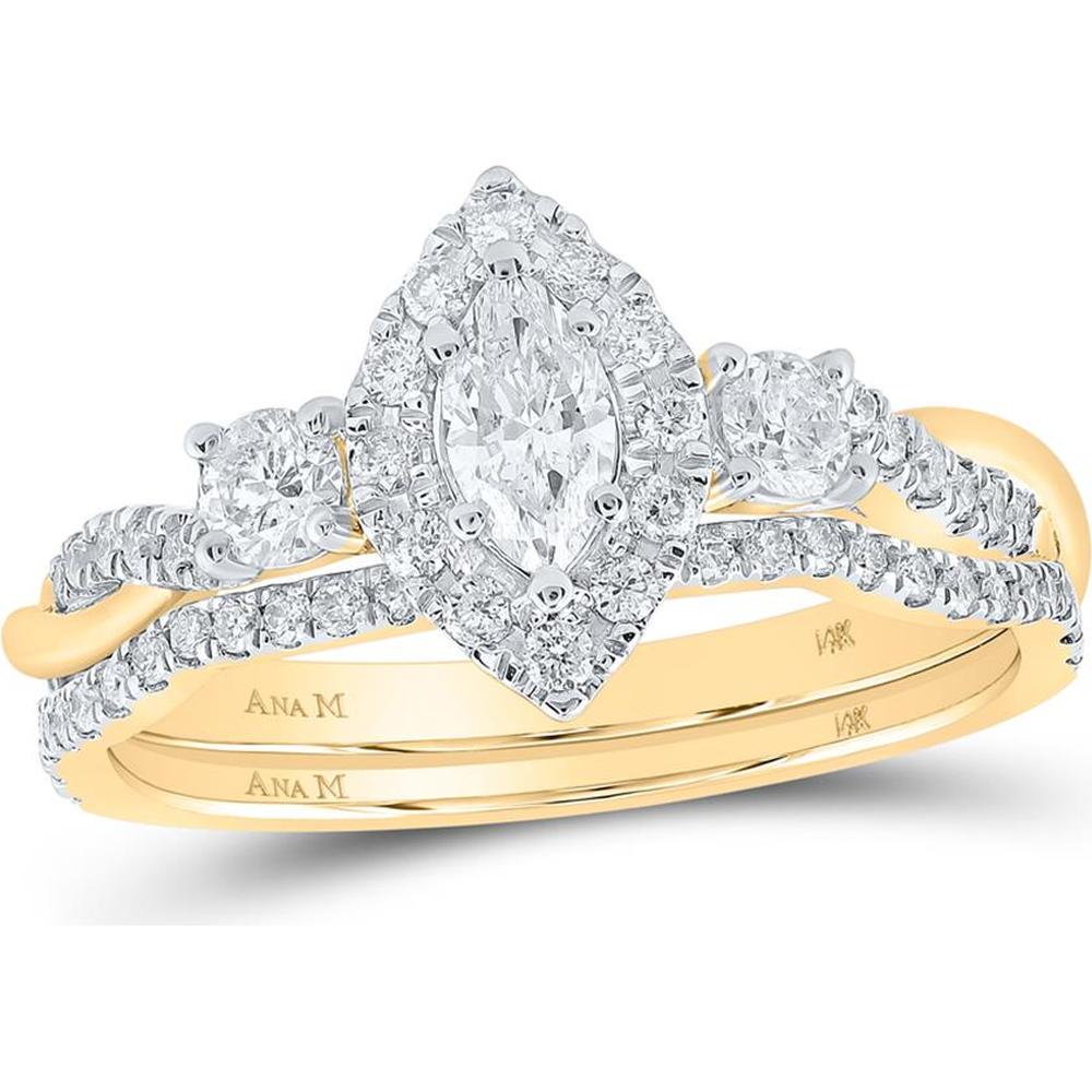 GND 14K Yellow Gold Marquise Diamond Halo Bridal Wedding Ring Set with Round Diamonds - 3/4 Total Carat Weight