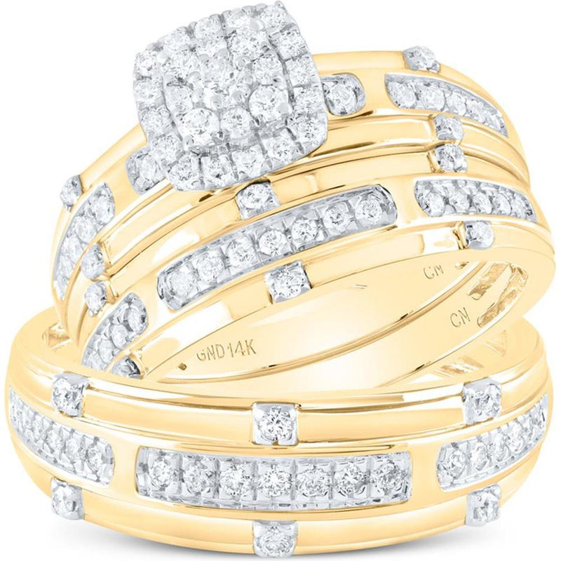 GND 14K Yellow Gold Matching Wedding Ring Set with Round Solitaire and Diamond Bands - 3/4 Total Carat Weight