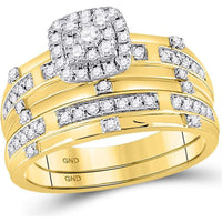 GND 14K Yellow Gold Matching Wedding Ring Set with Round Solitaire and Diamond Bands - 3/4 Total Carat Weight