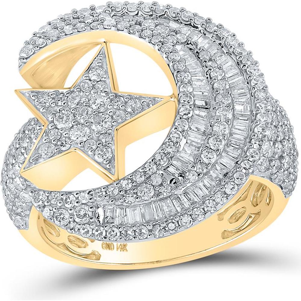 GND 14K Yellow Gold Moon and Star Motif Ring with Baguette and Round Diamonds – 2.33 Carat Total Diamond Weight
