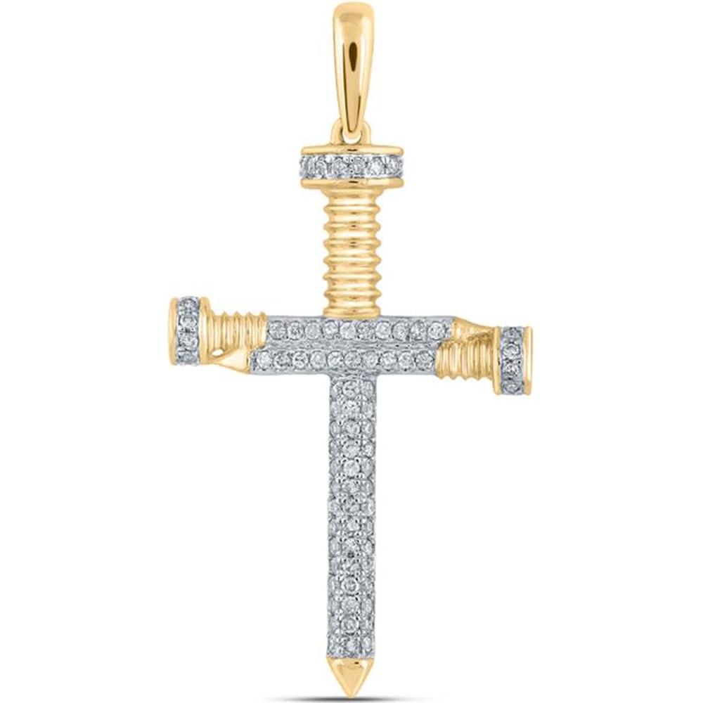 GND 14K Yellow Gold Nail Cross Pendant with 0.31 Carat Prong-Set Round Diamonds