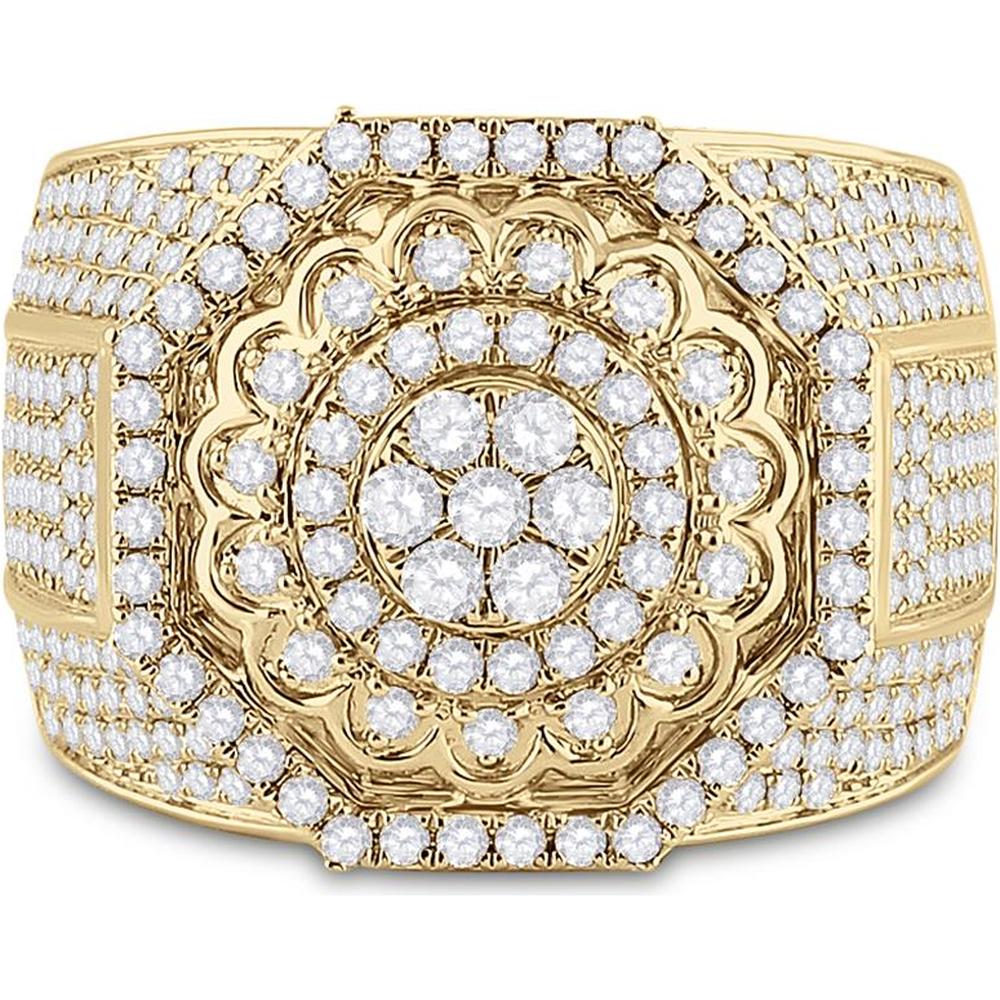 GND 14K Yellow Gold Octagon Cluster Statement Ring with Pave and Prong Set Round Diamonds – 3.5 Total Carat Weight
