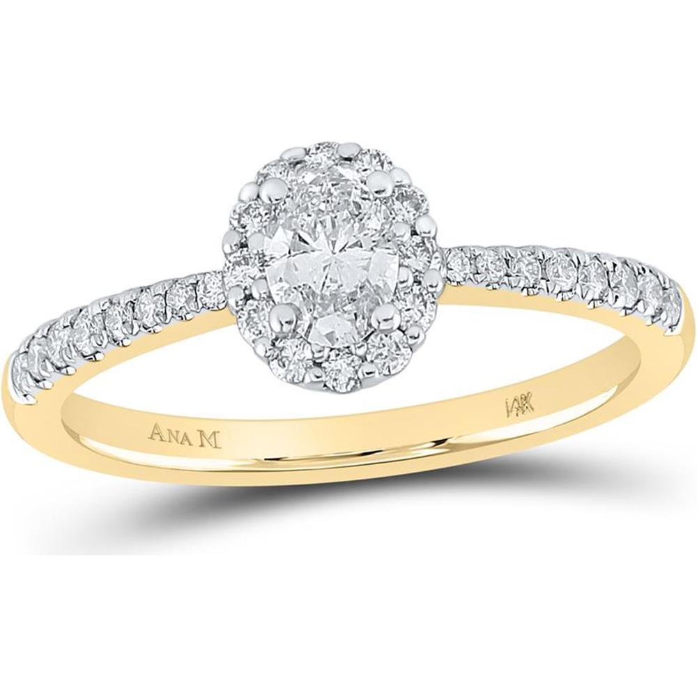 GND 14K Yellow Gold Oval Diamond Halo Bridal Engagement Ring with Prong-Set Round Diamonds - 0.54 Carat Total Diamond Weight