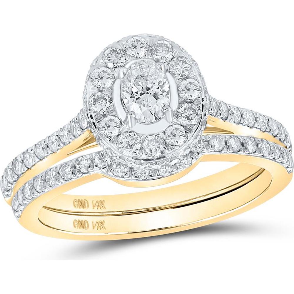 GND 14K Yellow Gold Oval Diamond Halo Bridal Wedding Ring Set - 1 Carat Total Diamond Weight