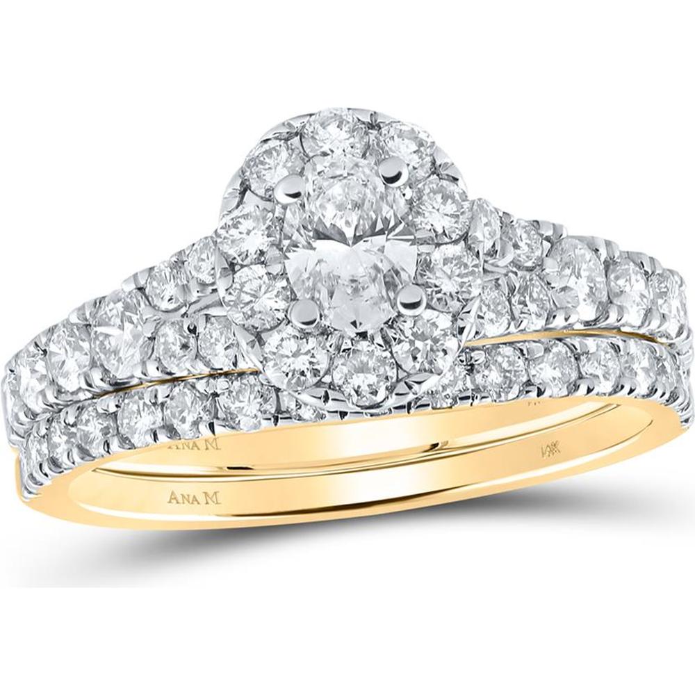 GND 14K Yellow Gold Oval Diamond Halo Bridal Wedding Ring Set with Round Diamonds - 1.50 Carat Total Diamond Weight