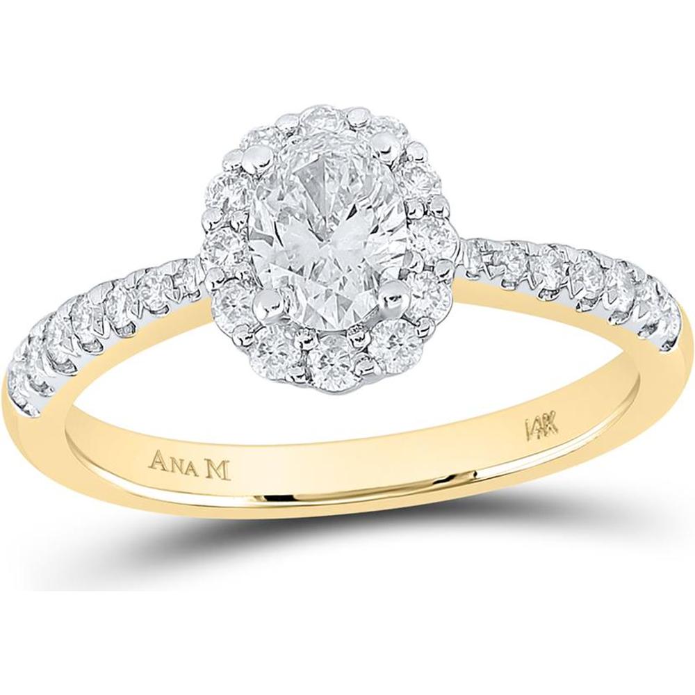 GND 14K Yellow Gold Oval Diamond Halo Engagement Ring with Prong-Set Round Diamonds – 7/8 Carat Total Diamond Weight