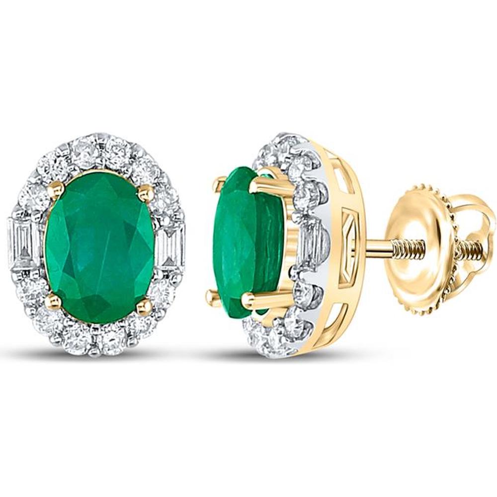 GND 14K Yellow Gold Oval Emerald and Diamond Halo Stud Earrings - 1.92 Carat Total Gem Weight