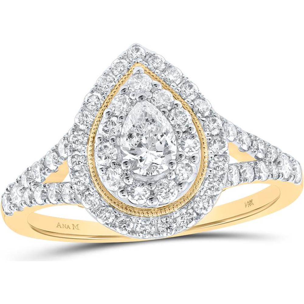 GND 14K Yellow Gold Pear Diamond Halo Bridal Engagement Ring with 1.00 Carat Total Diamond Weight