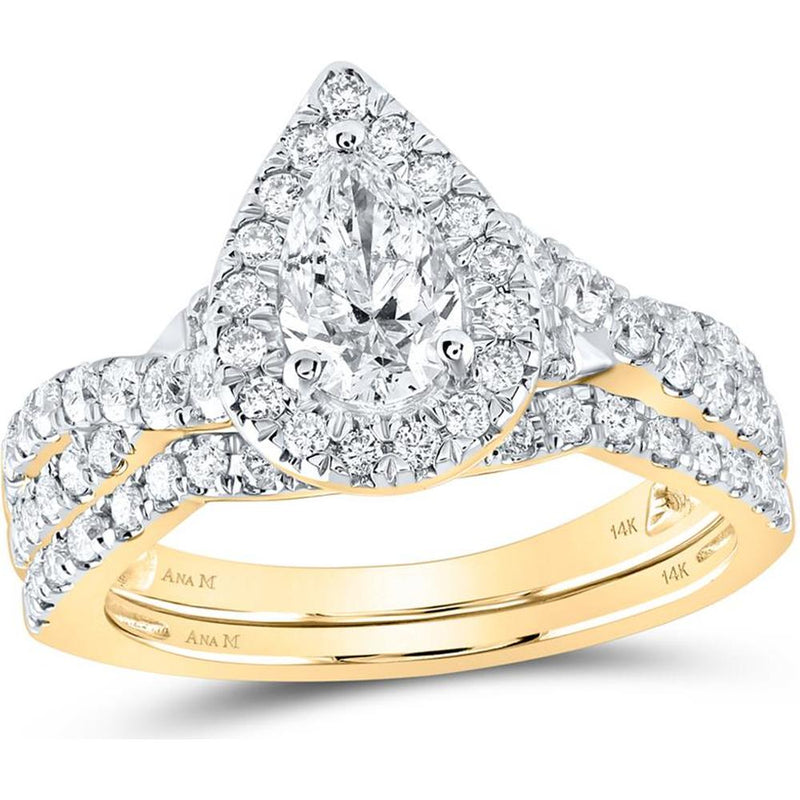 GND 14K Yellow Gold Pear Diamond Halo Bridal Wedding Ring Set with Round Diamond Accents - 1.5 Carat Total Carat Weight