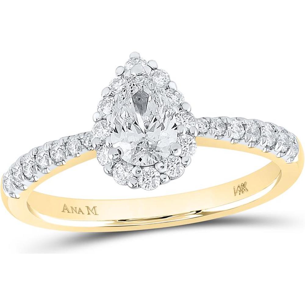 GND 14K Yellow Gold Pear Diamond Halo Engagement Ring with Prong Set Round Diamonds – 7/8 Carat Total Diamond Weight