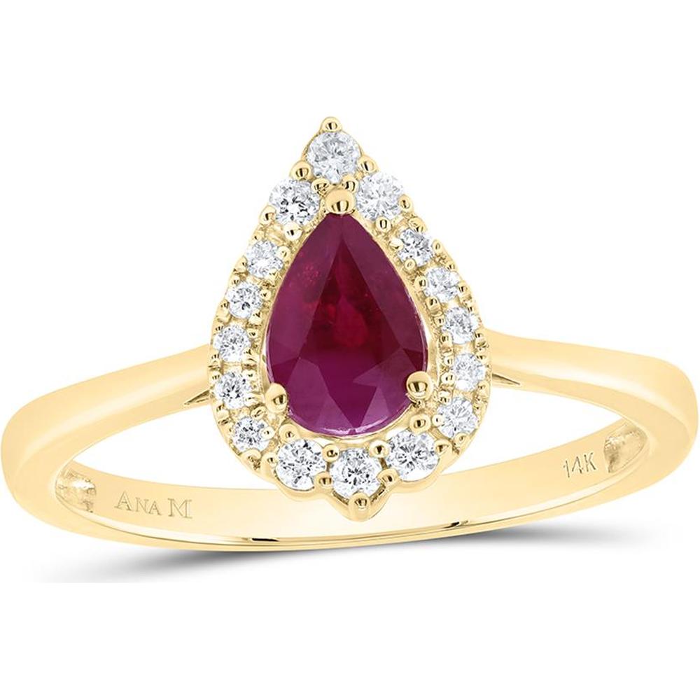GND 14K Yellow Gold Pear Ruby and Diamond Halo Fashion Ring - 0.48 Carat Ruby, 0.22 Carat Total Diamond Weight