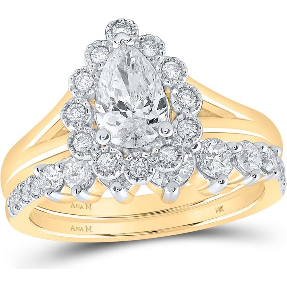 GND 14K Yellow Gold Pear-Shaped Diamond Halo Bridal Wedding Ring Set – 1.5 Carat Total Diamond Weight