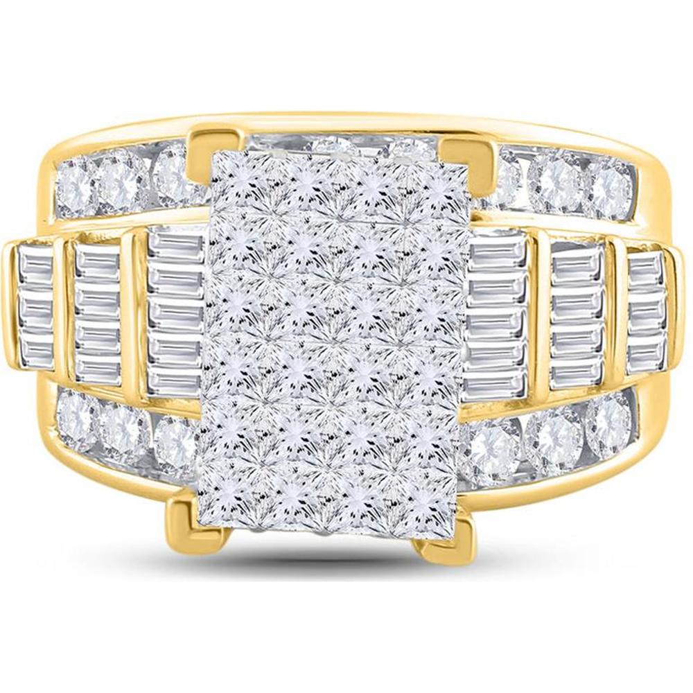 GND 14K Yellow Gold Princess-Cut Diamond Cluster Bridal Engagement Ring with Channel-Set Baguette and Round Diamonds - 3.00 Carat Total Diamond Weight