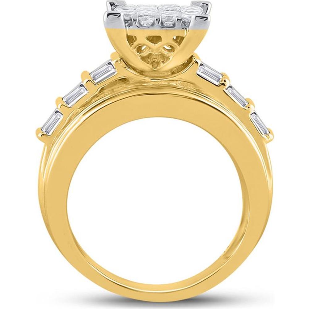 GND 14K Yellow Gold Princess-Cut Diamond Cluster Bridal Engagement Ring with Channel-Set Baguette and Round Diamonds - 3.00 Carat Total Diamond Weight