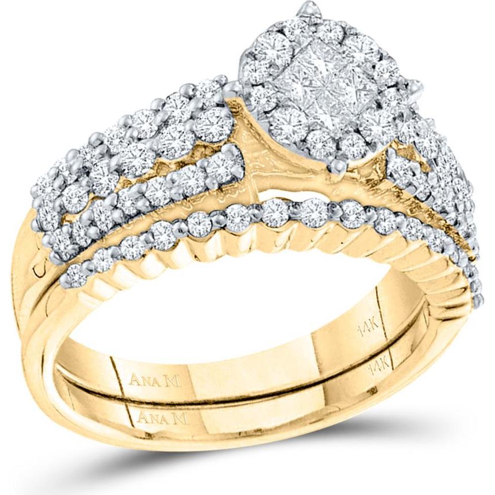 GND 14K Yellow Gold Princess Diamond Bridal Wedding Ring Set with Invisible and Pave Round Diamonds - 1.00 Carat Total Diamond Weight