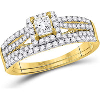 GND 14K Yellow Gold Princess Diamond Bridal Wedding Ring Set with Prong-Set Round Diamonds - 1.03 Carat Total Diamond Weight