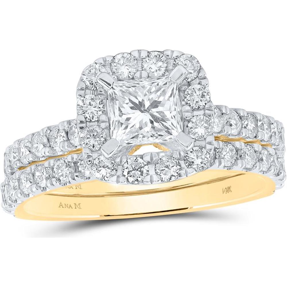 GND 14K Yellow Gold Princess Diamond Halo Bridal Wedding Ring Set with Round Diamonds - 1-7/8 Carat Total Carat Weight