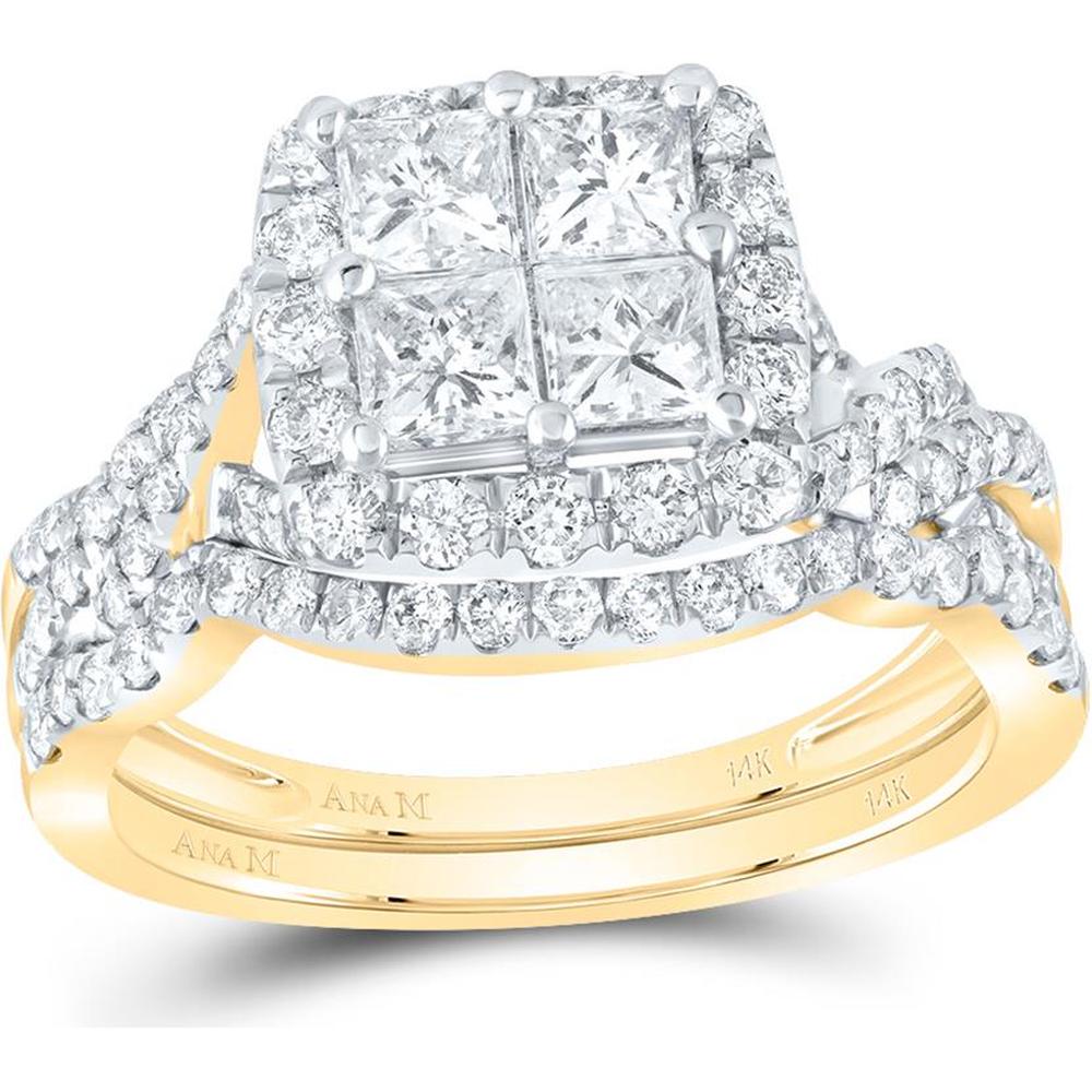 GND 14K Yellow Gold Princess Diamond Square Bridal Wedding Ring Set with Pave Halo - 1-7/8 Carat Total Diamond Weight