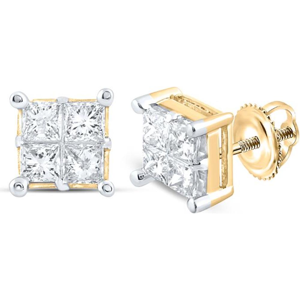 GND 14K Yellow Gold Princess Diamond Square Cluster Earrings - 1.00 Carat Total Diamond Weight