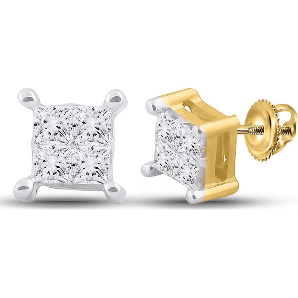 GND 14K Yellow Gold Princess Diamond Square Stud Earrings - 1/4 Carat Total Diamond Weight