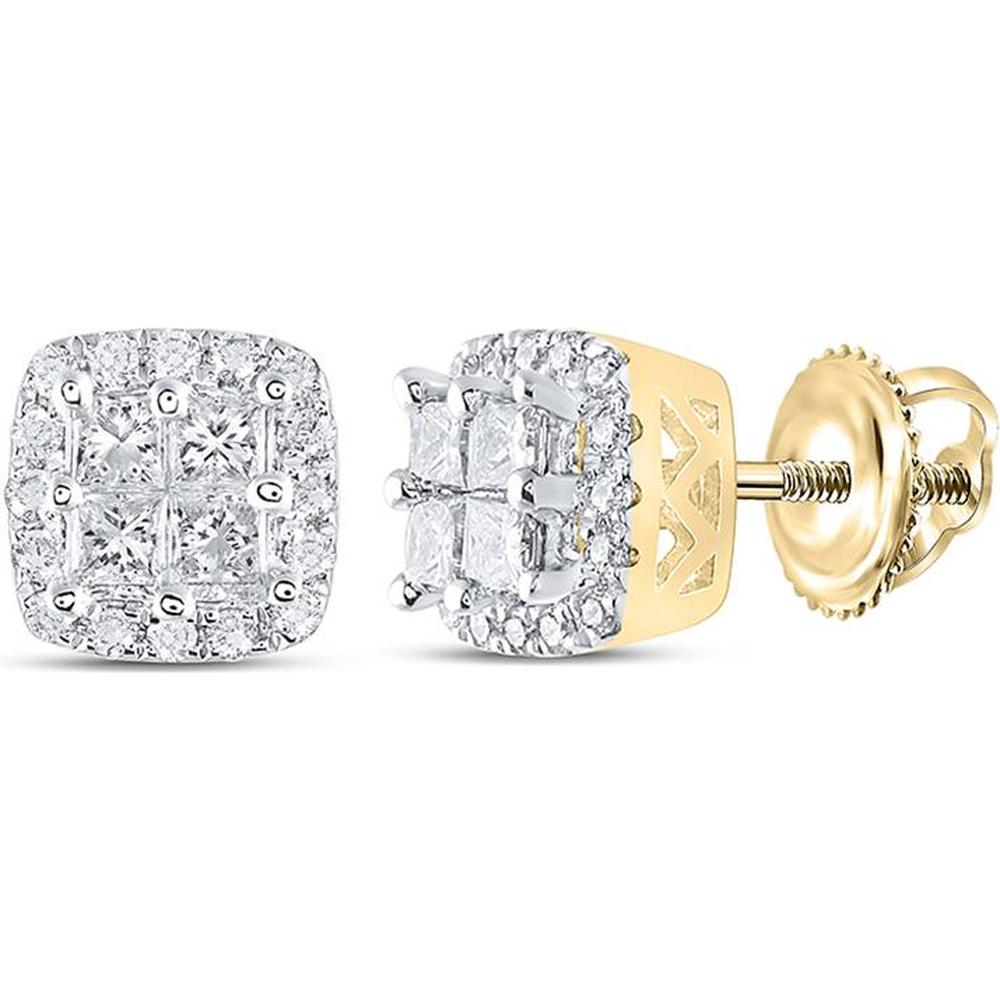 GND 14K Yellow Gold Princess Diamond Square Stud Earrings with Pave-Set Round Diamond Halo - 1/2 Carat Total Diamond Weight
