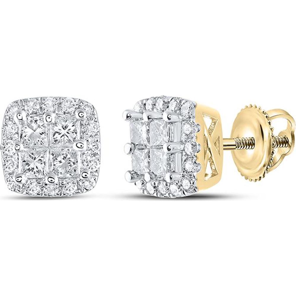 GND 14K Yellow Gold Princess Diamond Square Stud Earrings with Pave Set Round Diamonds - 3/4 Total Carat Weight