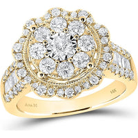 GND 14K Yellow Gold Round and Baguette Diamond Flower Cluster Ring – 1-5/8 Carat Total Diamond Weight