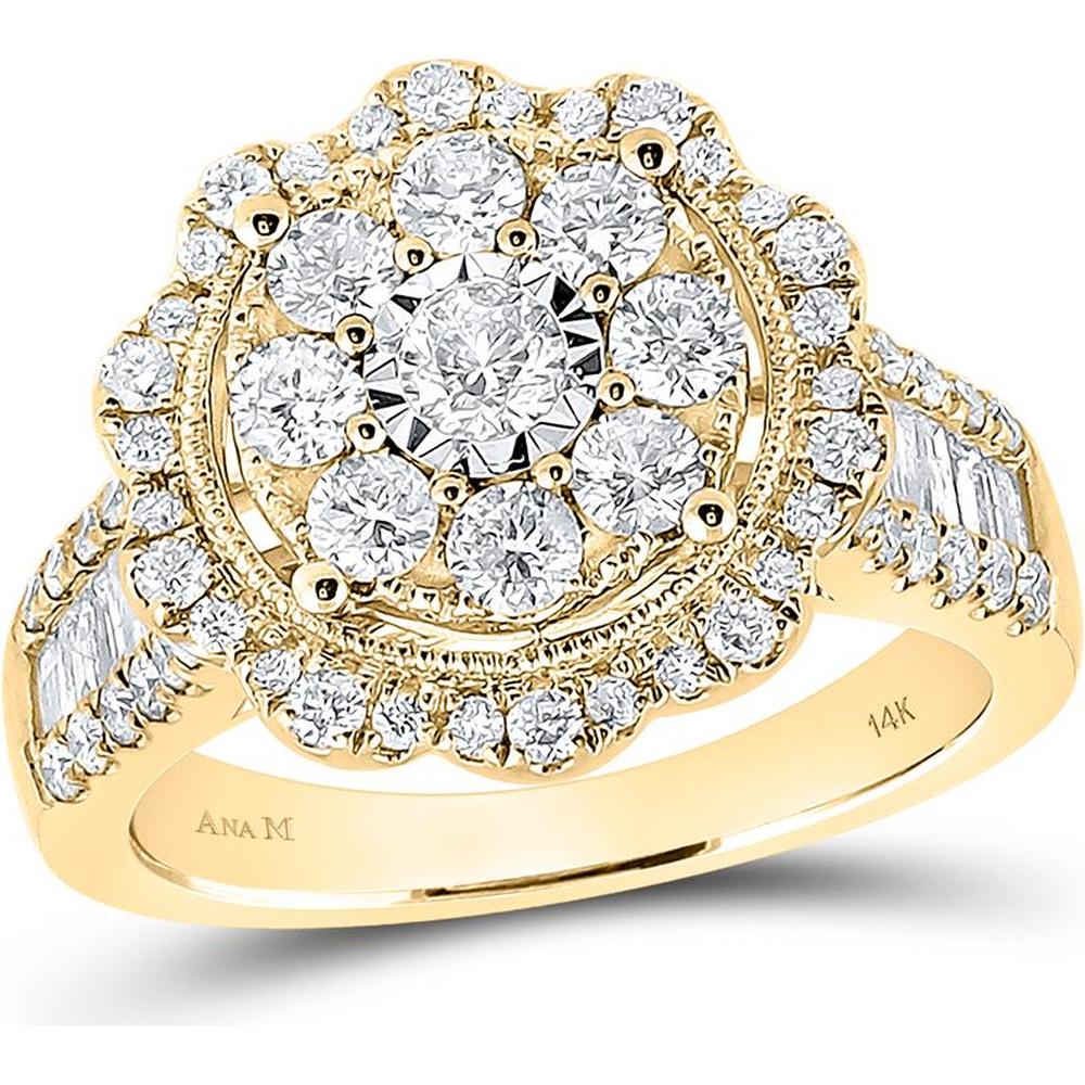 GND 14K Yellow Gold Round and Baguette Diamond Flower Cluster Ring – 1-5/8 Carat Total Diamond Weight