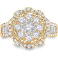 GND 14K Yellow Gold Round and Baguette Diamond Flower Cluster Ring – 1-5/8 Carat Total Diamond Weight
