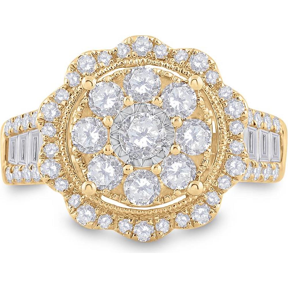GND 14K Yellow Gold Round and Baguette Diamond Flower Cluster Ring – 1-5/8 Carat Total Diamond Weight