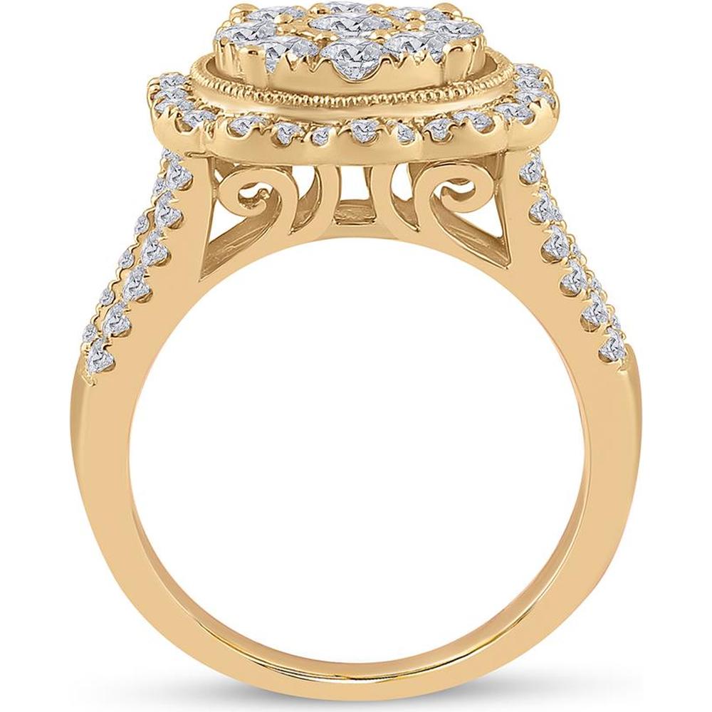 GND 14K Yellow Gold Round and Baguette Diamond Flower Cluster Ring – 1-5/8 Carat Total Diamond Weight
