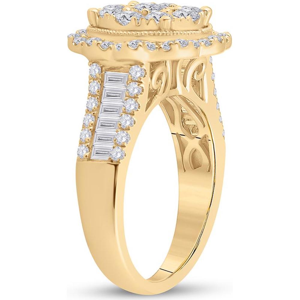 GND 14K Yellow Gold Round and Baguette Diamond Flower Cluster Ring – 1-5/8 Carat Total Diamond Weight