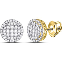 GND 14K Yellow Gold Round Diamond Circle Frame Cluster Earrings - 1.25 Carat Total Diamond Weight