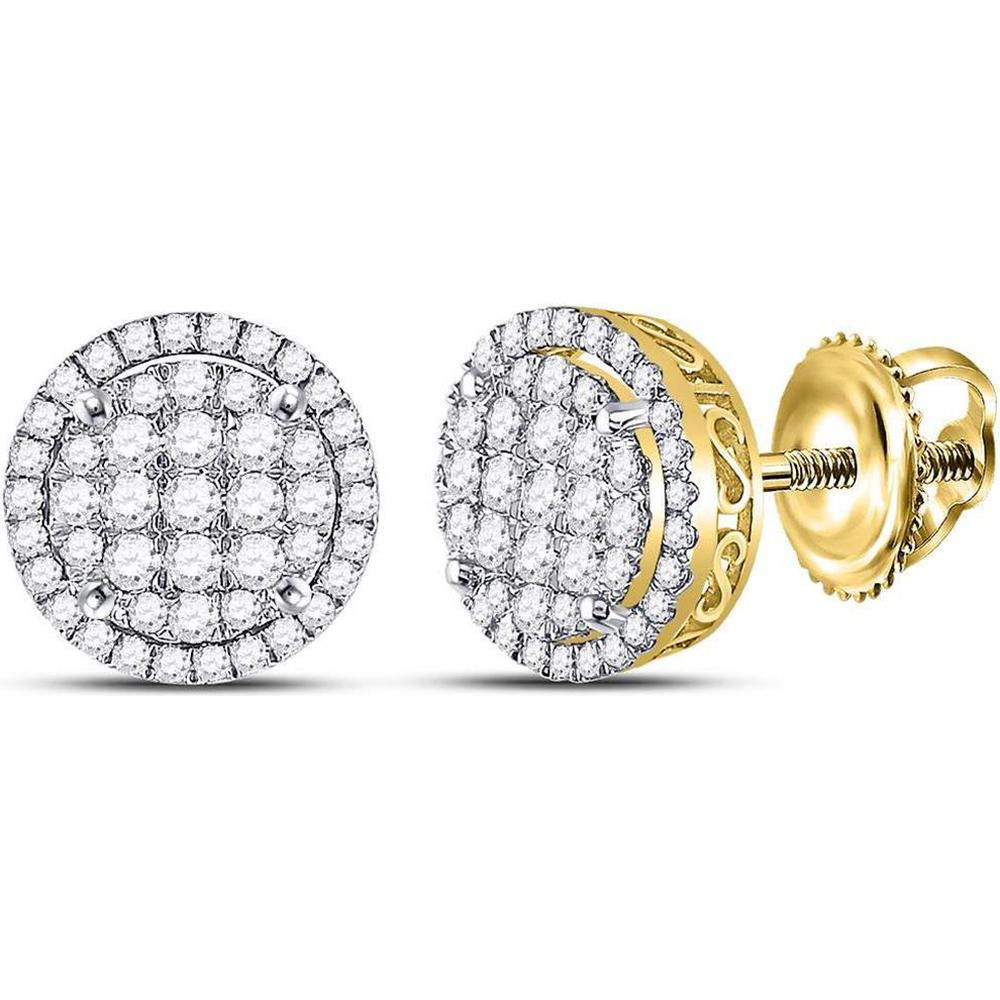 GND 14K Yellow Gold Round Diamond Circle Frame Cluster Earrings - 1.25 Carat Total Diamond Weight