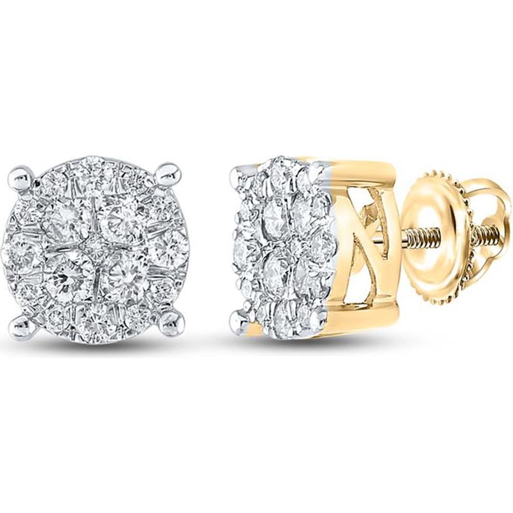 GND 14K Yellow Gold Round Diamond Cluster Earrings with Prong-Set Diamonds - 1.00 Carat Total Diamond Weight