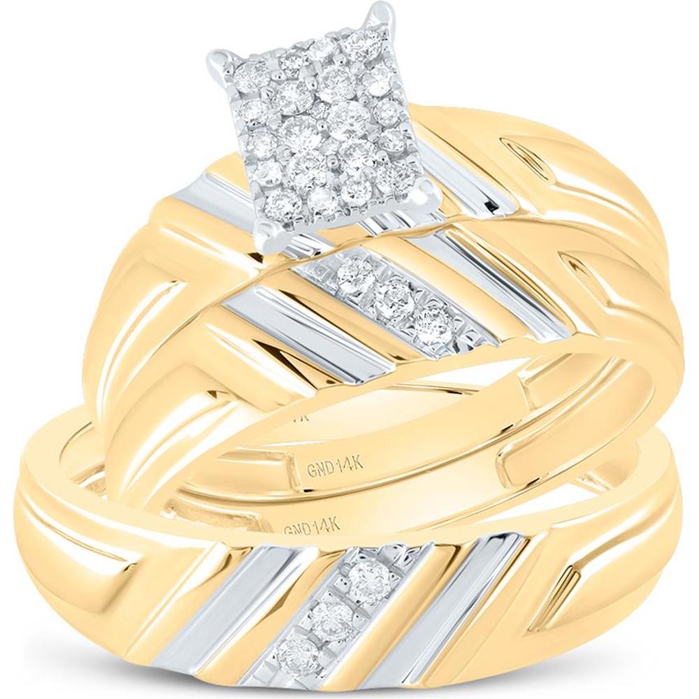 GND 14K Yellow Gold Round Diamond Cluster Matching Wedding Ring Set - 0.25 Carat Total Diamond Weight