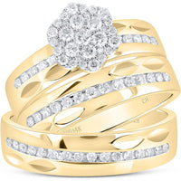 GND 14K Yellow Gold Round Diamond Cluster Matching Wedding Ring Set – 0.76 Carat Total Diamond Weight