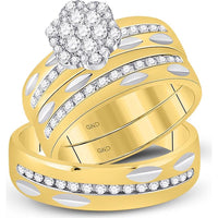 GND 14K Yellow Gold Round Diamond Cluster Matching Wedding Ring Set – 0.76 Carat Total Diamond Weight