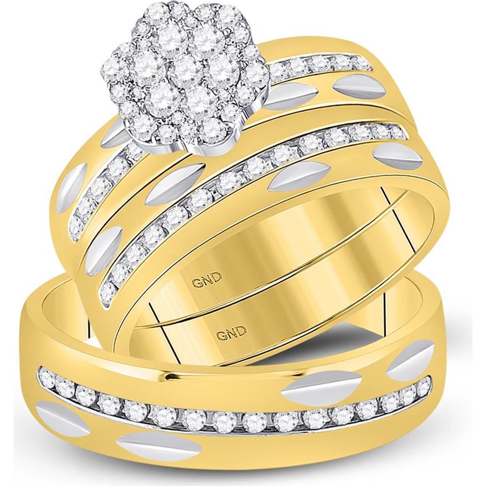 GND 14K Yellow Gold Round Diamond Cluster Matching Wedding Ring Set – 0.76 Carat Total Diamond Weight