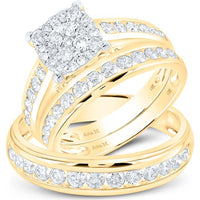 GND 14K Yellow Gold Round Diamond Cluster Matching Wedding Ring Set with Channel-Set Diamonds - 1-3/4 Total Carat Weight