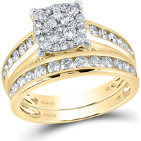 GND 14K Yellow Gold Round Diamond Cluster Matching Wedding Ring Set with Channel-Set Diamonds - 1-3/4 Total Carat Weight
