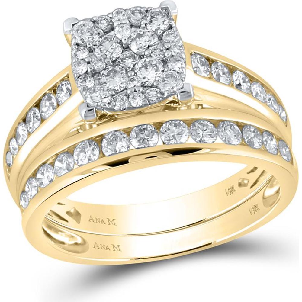 GND 14K Yellow Gold Round Diamond Cluster Matching Wedding Ring Set with Channel-Set Diamonds - 1-3/4 Total Carat Weight