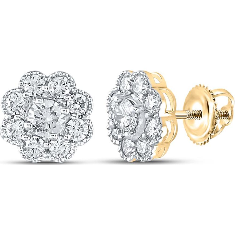 GND 14K Yellow Gold Round Diamond Cluster Stud Earrings - 1.00 Carat Total Diamond Weight
