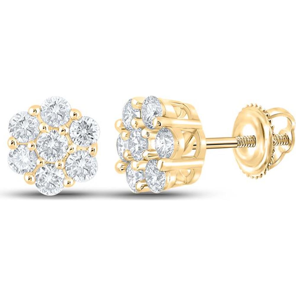 GND 14K Yellow Gold Round Diamond Flower Cluster Earrings - 0.75 Carat Total Diamond Weight