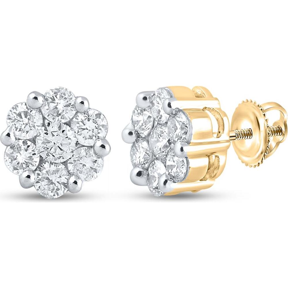 GND 14K Yellow Gold Round Diamond Flower Cluster Stud Earrings with Prong Setting - 2.00 Carat Total Diamond Weight