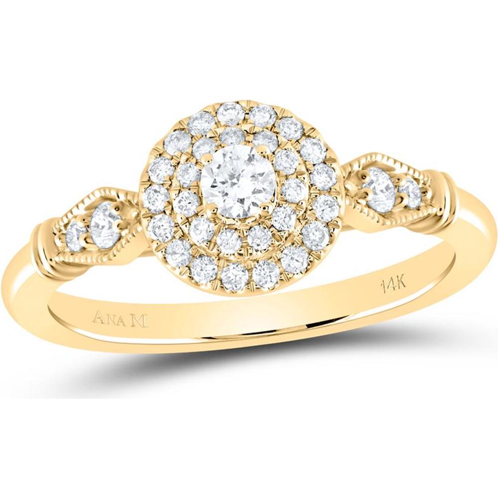 GND 14K Yellow Gold Round Diamond Halo Bridal Engagement Ring with Milgrain Details - 1/3 Total Carat Weight