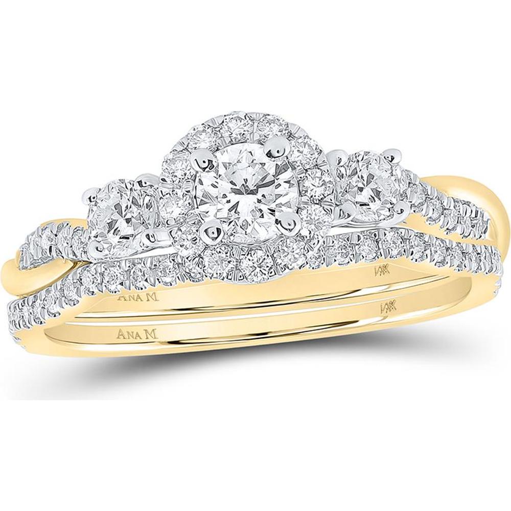 GND 14K Yellow Gold Round Diamond Halo Bridal Wedding Ring Set - 3/4 Total Carat Weight