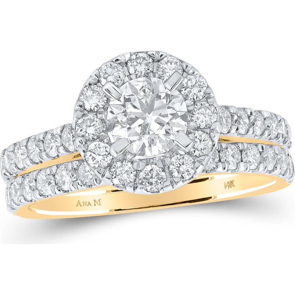 GND 14K Yellow Gold Round Diamond Halo Bridal Wedding Ring Set with Prong-Set Diamonds – 1-7/8 Carat Total Diamond Weight
