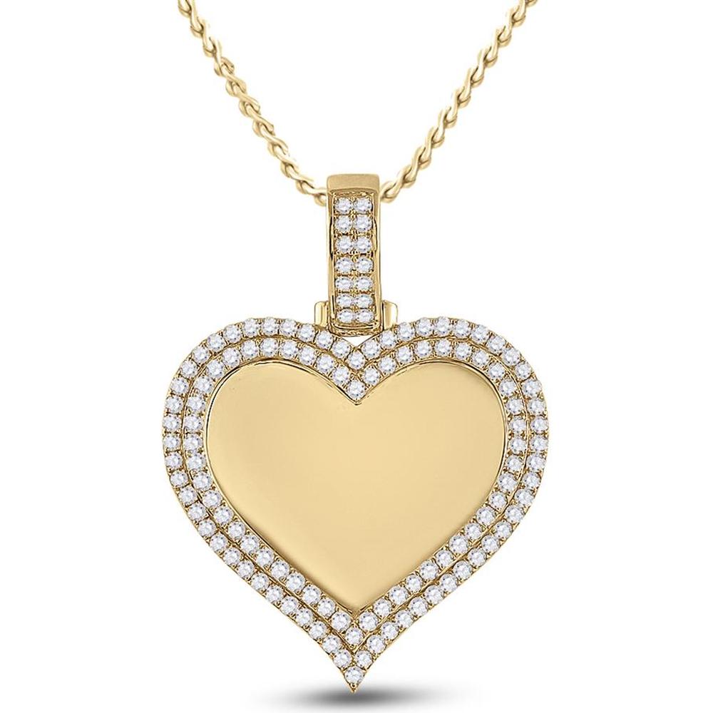 GND 14K Yellow Gold Round Diamond Halo Heart Picture Pendant - 2.50 Carat Total Diamond Weight