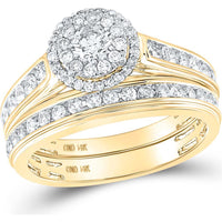 GND 14K Yellow Gold Round Diamond Halo Matching Wedding Ring Set - 1-5/8 Total Carat Weight (Certified)
